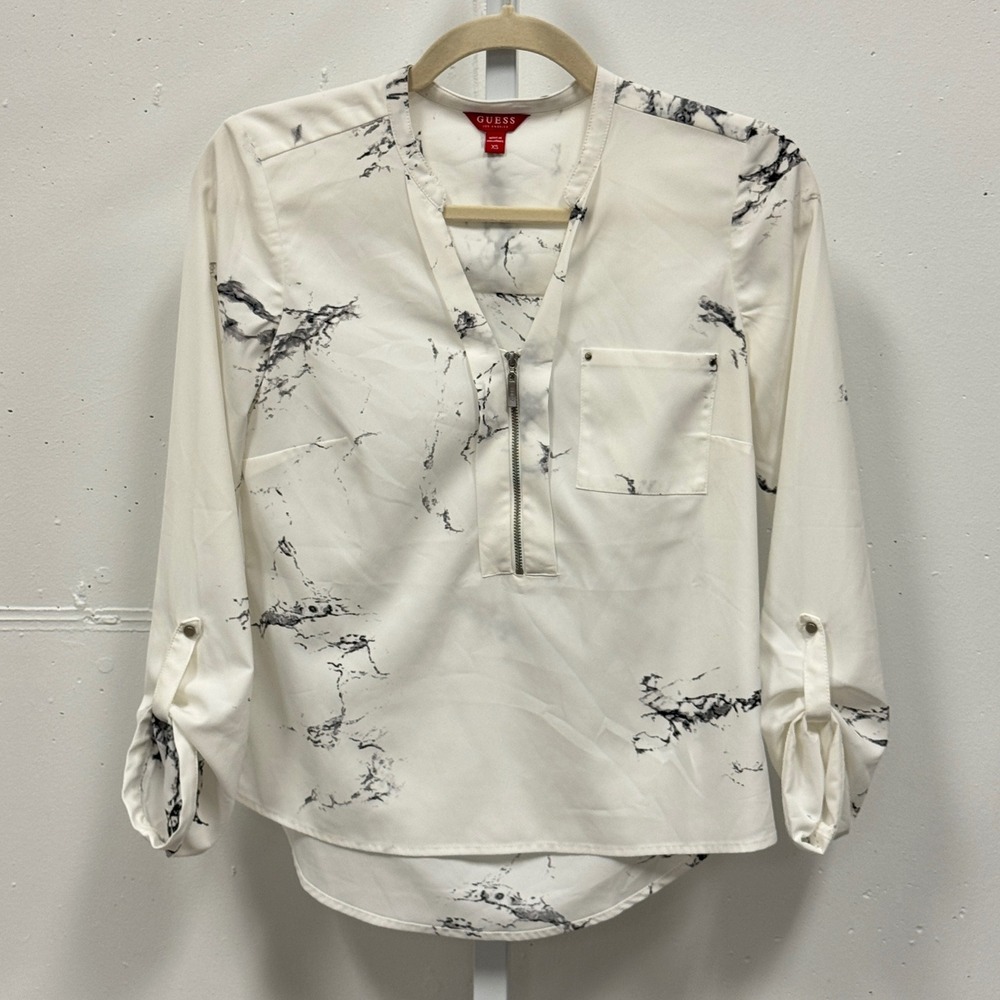 Y2K Guess Marble Print Zip Front Roll Tab Sleeve Blouse Top White Black XS